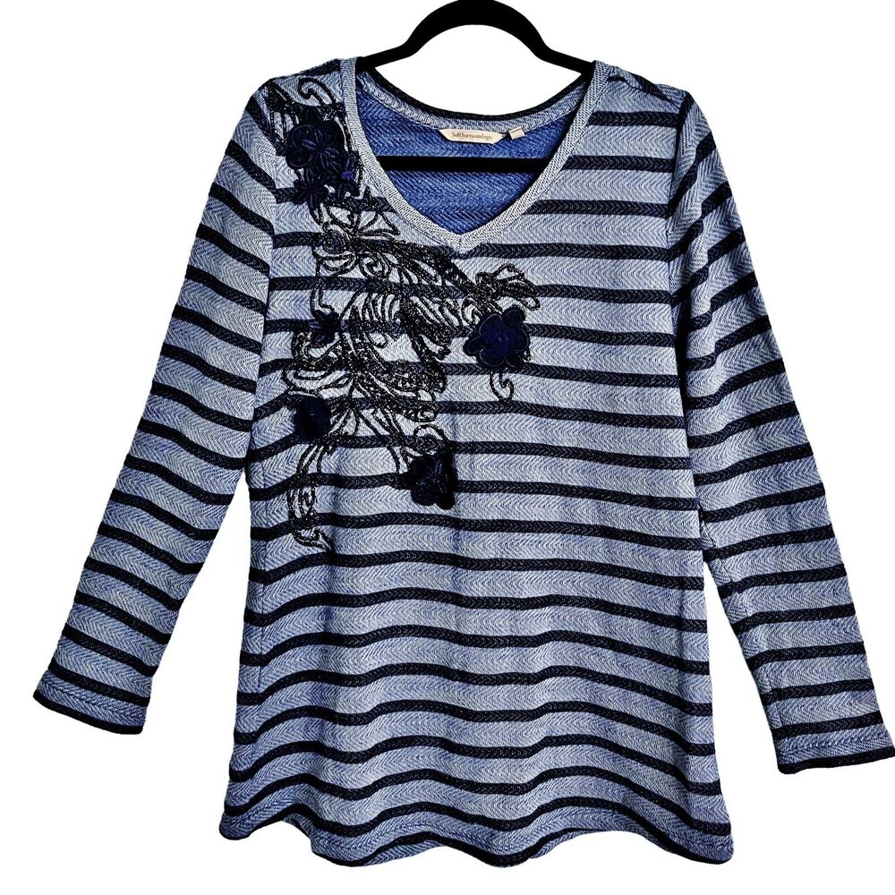 Soft Surroundings Syrah Tunic Sweater Size L Navy Stripe Embroidered Appliqué